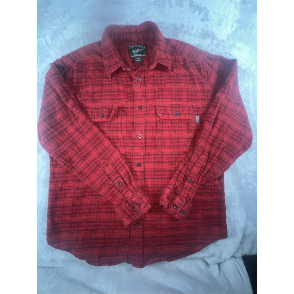 Woolrich Men Long Large Buffalo Check Flannel Shirt Red Black Plaid Chest Pocket